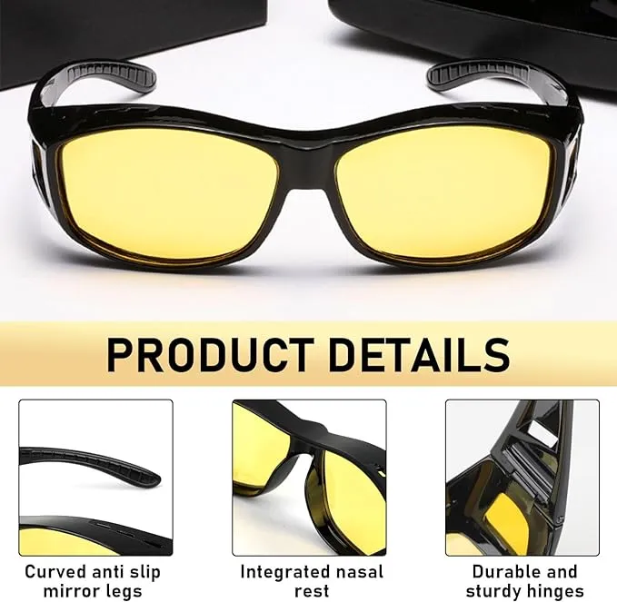 Polarised Night Driving Glasses for Men Women, Anti Glare HD Vision Nighttime Glasses Fit Over Prescription Eyewear,Yellow Tinted Lens Sunglasses For Driving Fishing Running