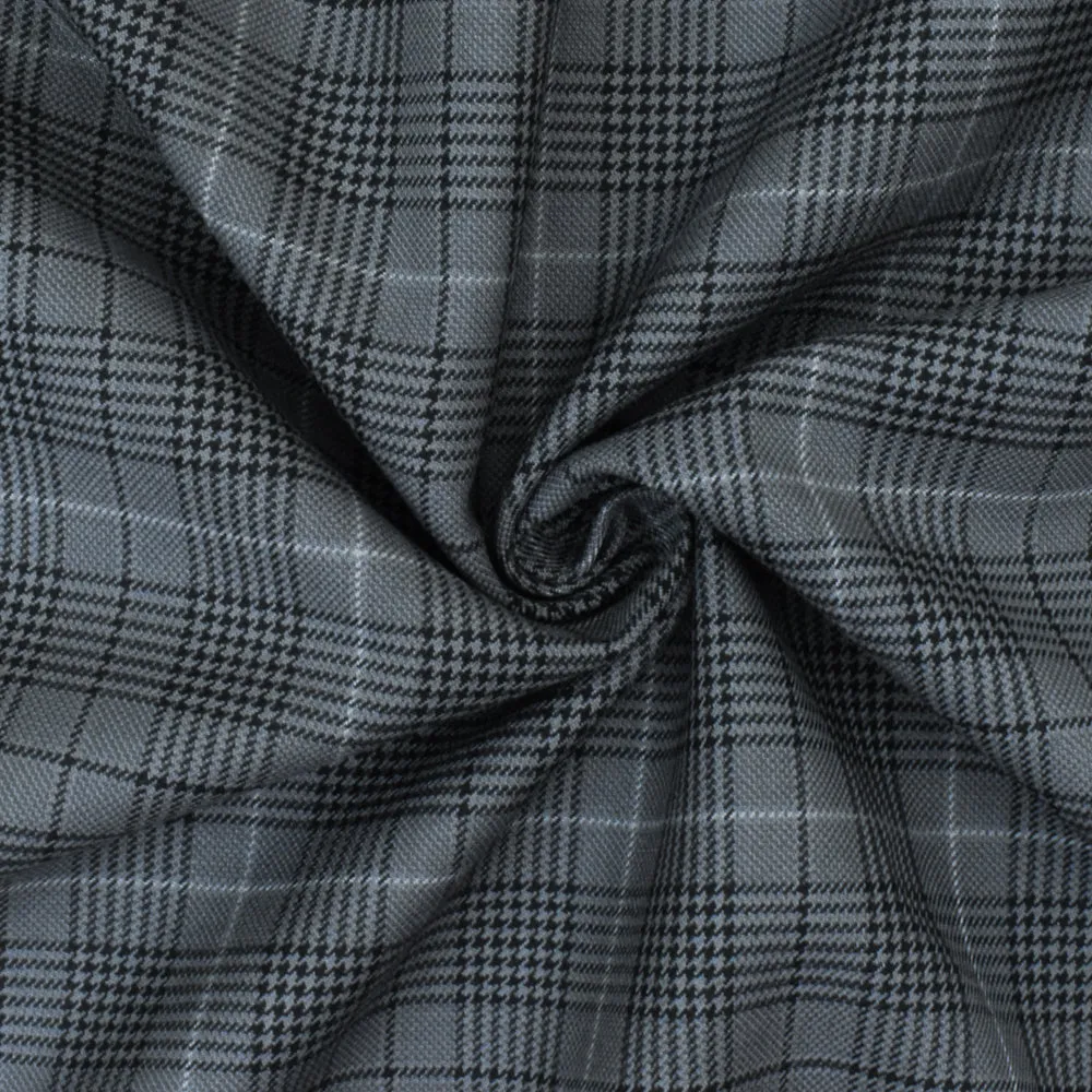 Simple Gray-Black-White Glen Plaid Wool Polyester Twill Woven Fabric