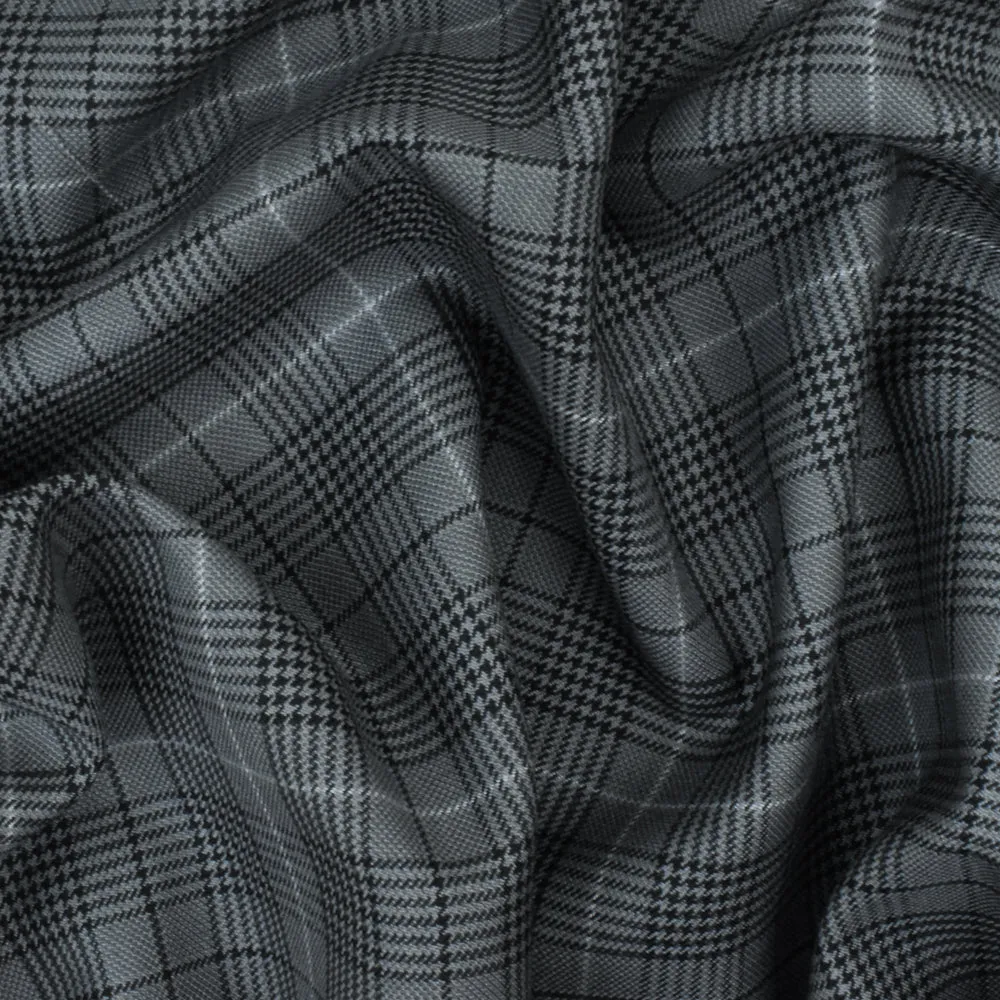 Simple Gray-Black-White Glen Plaid Wool Polyester Twill Woven Fabric