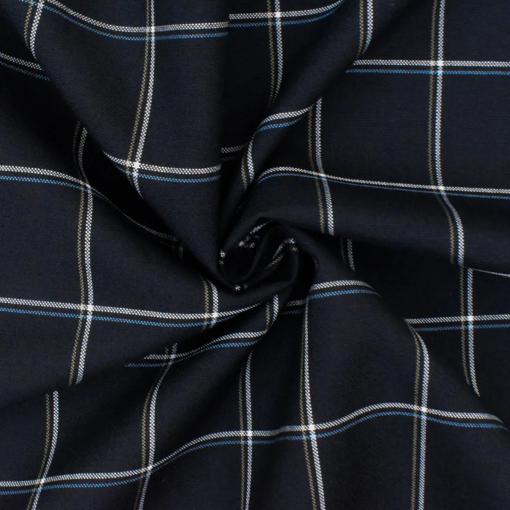 Stark Navy-White-Multi Check Poly-Wool Woven Suiting Fabric