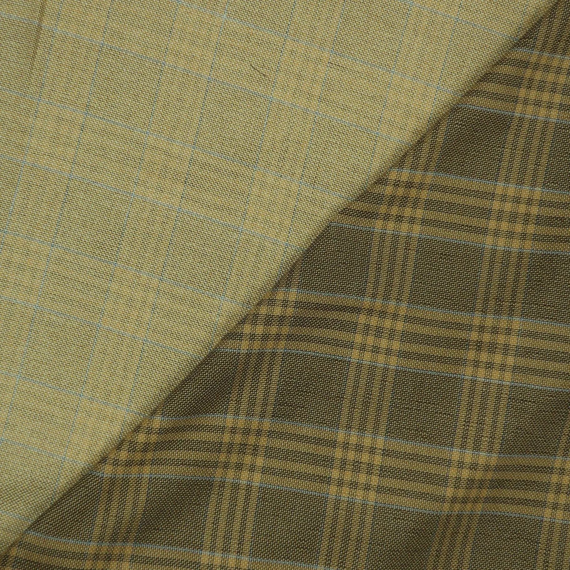 Taupe and Yellow Windowpane Worsted Wool Suiting Fabric