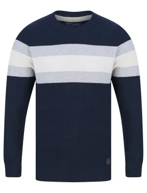 Thriller Crew Neck Textured Knit Cotton Rich Colour Block Jumper in Navy - Tokyo Laundry