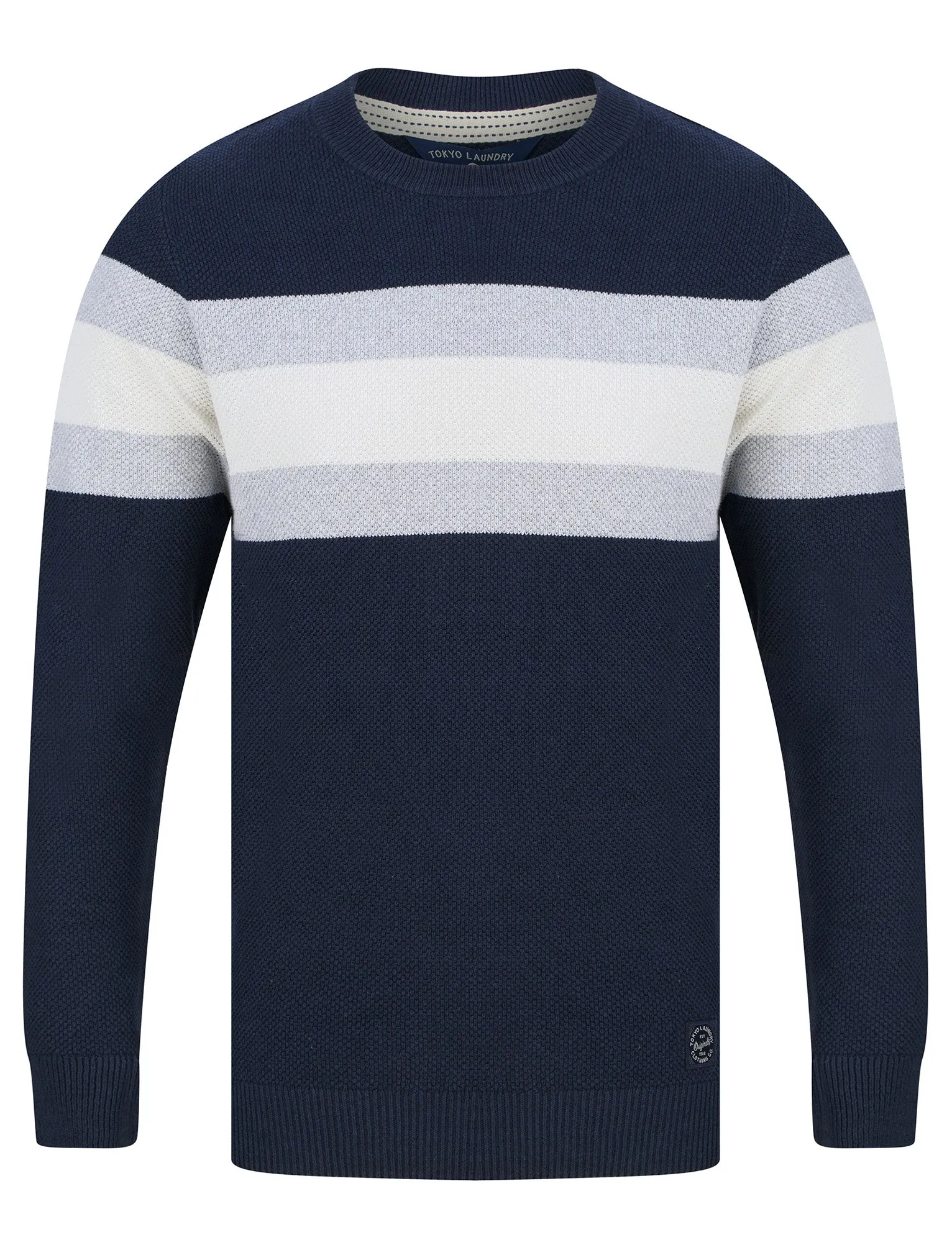 Thriller Crew Neck Textured Knit Cotton Rich Colour Block Jumper in Navy - Tokyo Laundry