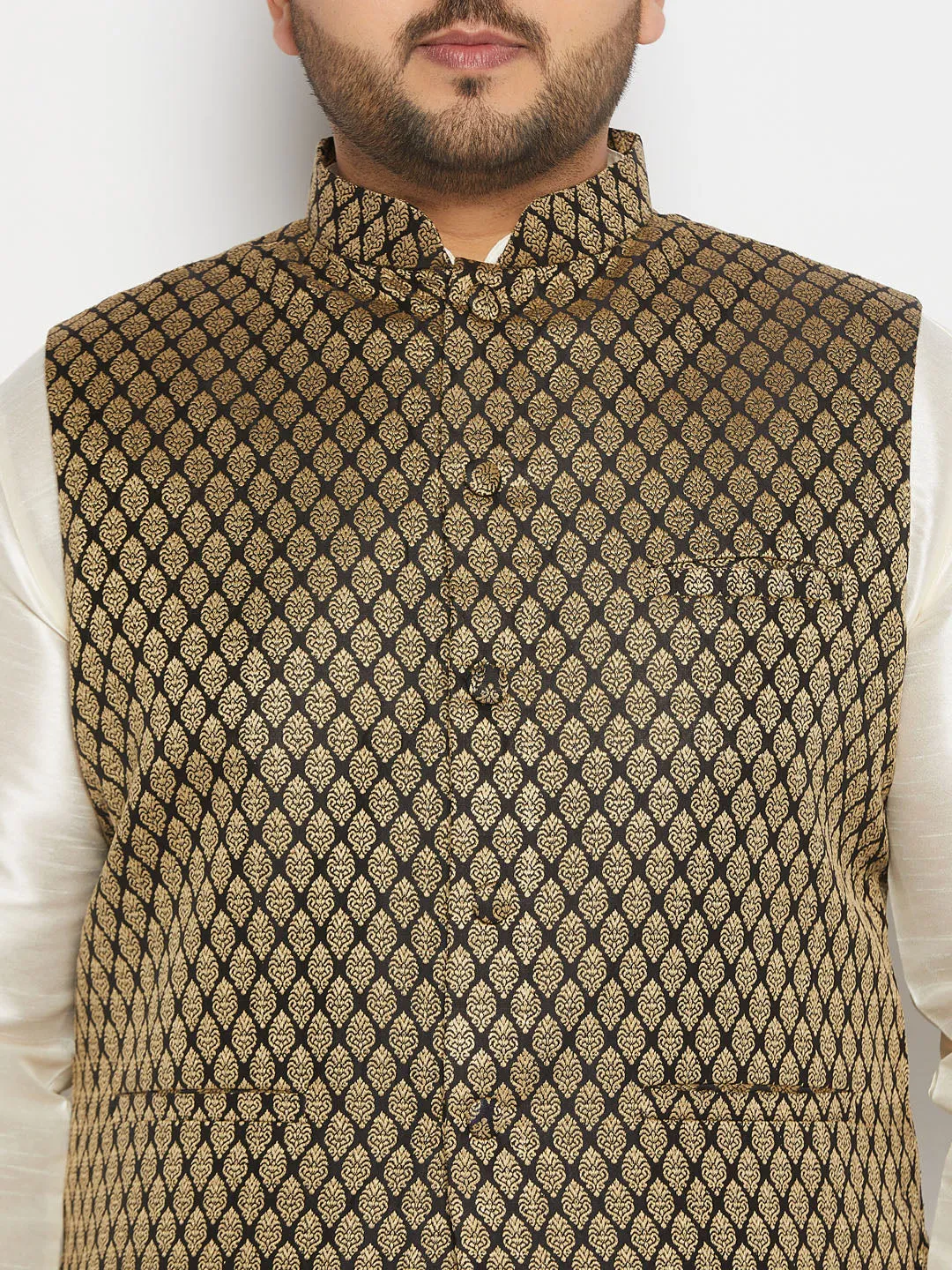 VASTRAMAY Men's Black Gold Jacquard Nehru Jacket