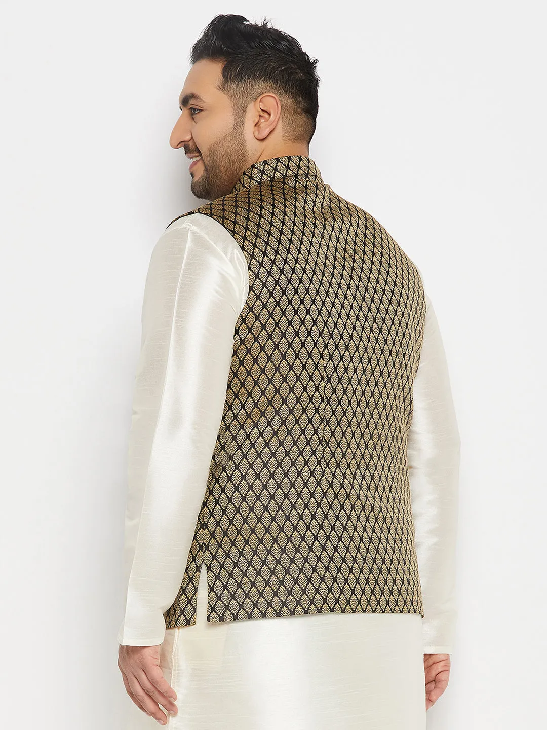 VASTRAMAY Men's Black Gold Jacquard Nehru Jacket