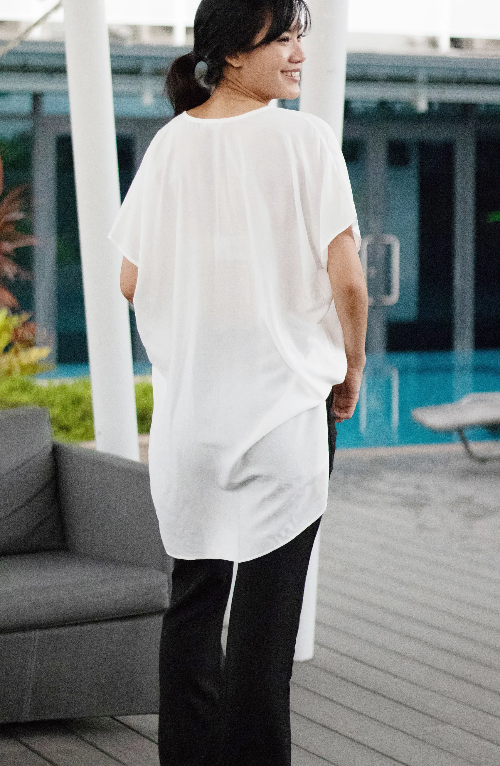 White Oversized V-Neck Silk Linen Tunic