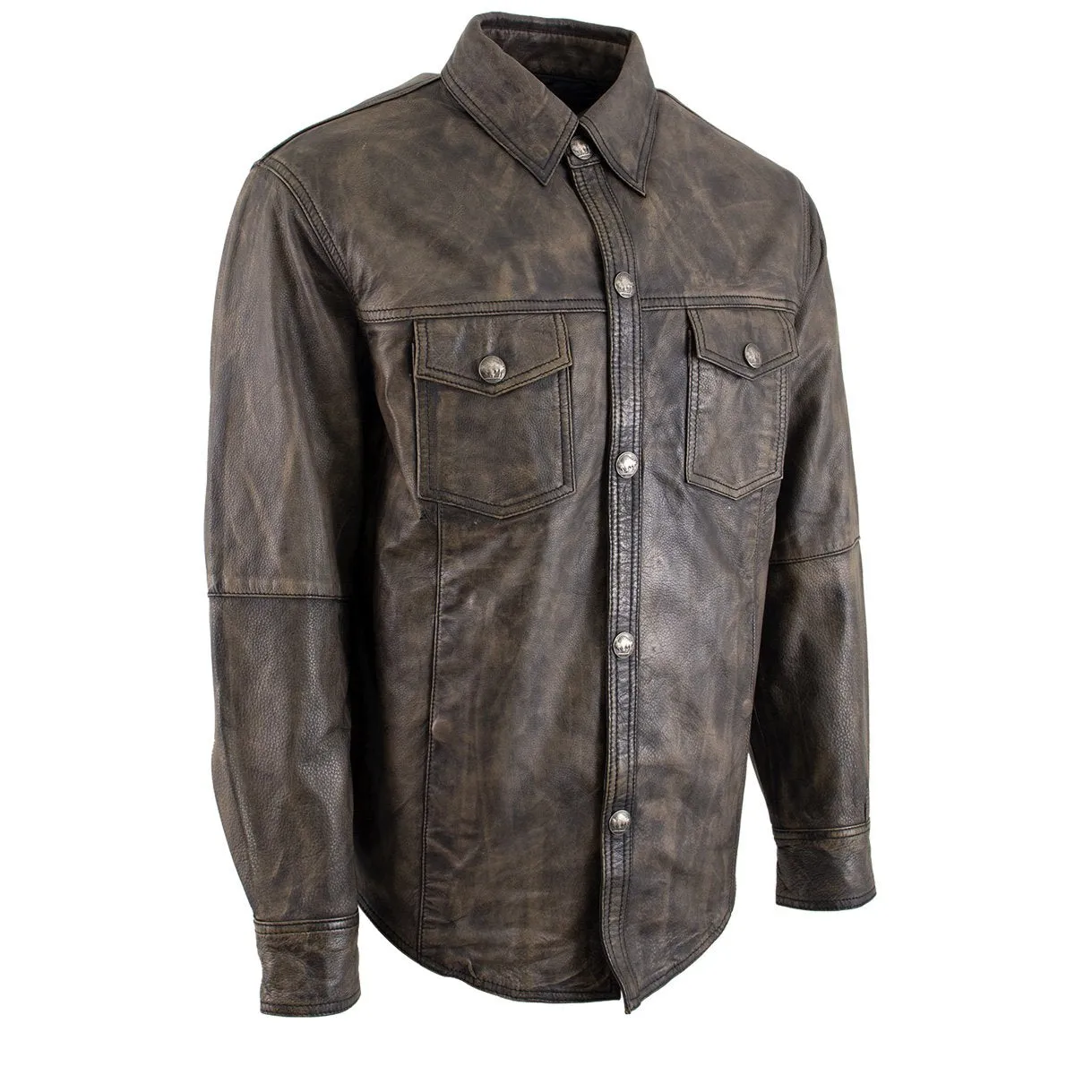 Xelement XS942 Men's 'Nickel' Distressed Brown Casual Biker Rider Leather Shirt with Vintage Buffalo Buttons